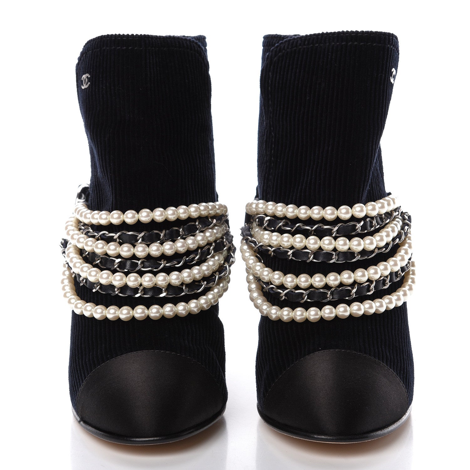 Chanel Velvet Satin Cap Cap Toe Short Boots 40 Navy Black 2 of 11