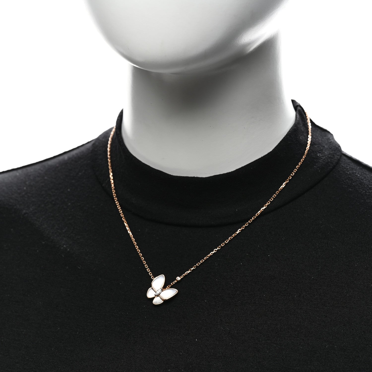Van Cleef & Arpels 18K Rose Gold Diamond Mother of Pearl Two Butterfly Pendant Necklace 2 of 6