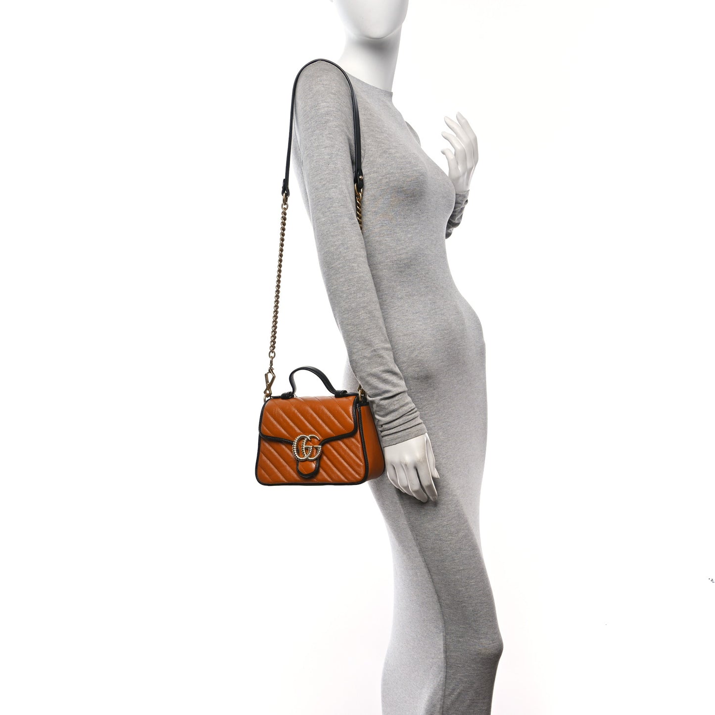 Azalea Calfskin Matelasse Diagonal Mini GG Marmont Top Handle Shoulder Bag Cognac Black