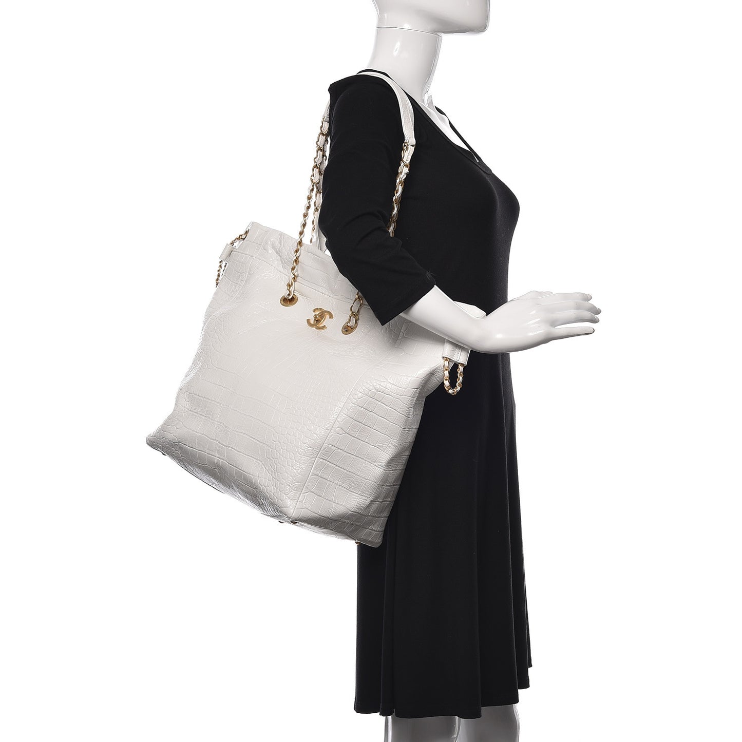 Calfskin Crocodile Embossed Large Cocodile Shopping Tote White