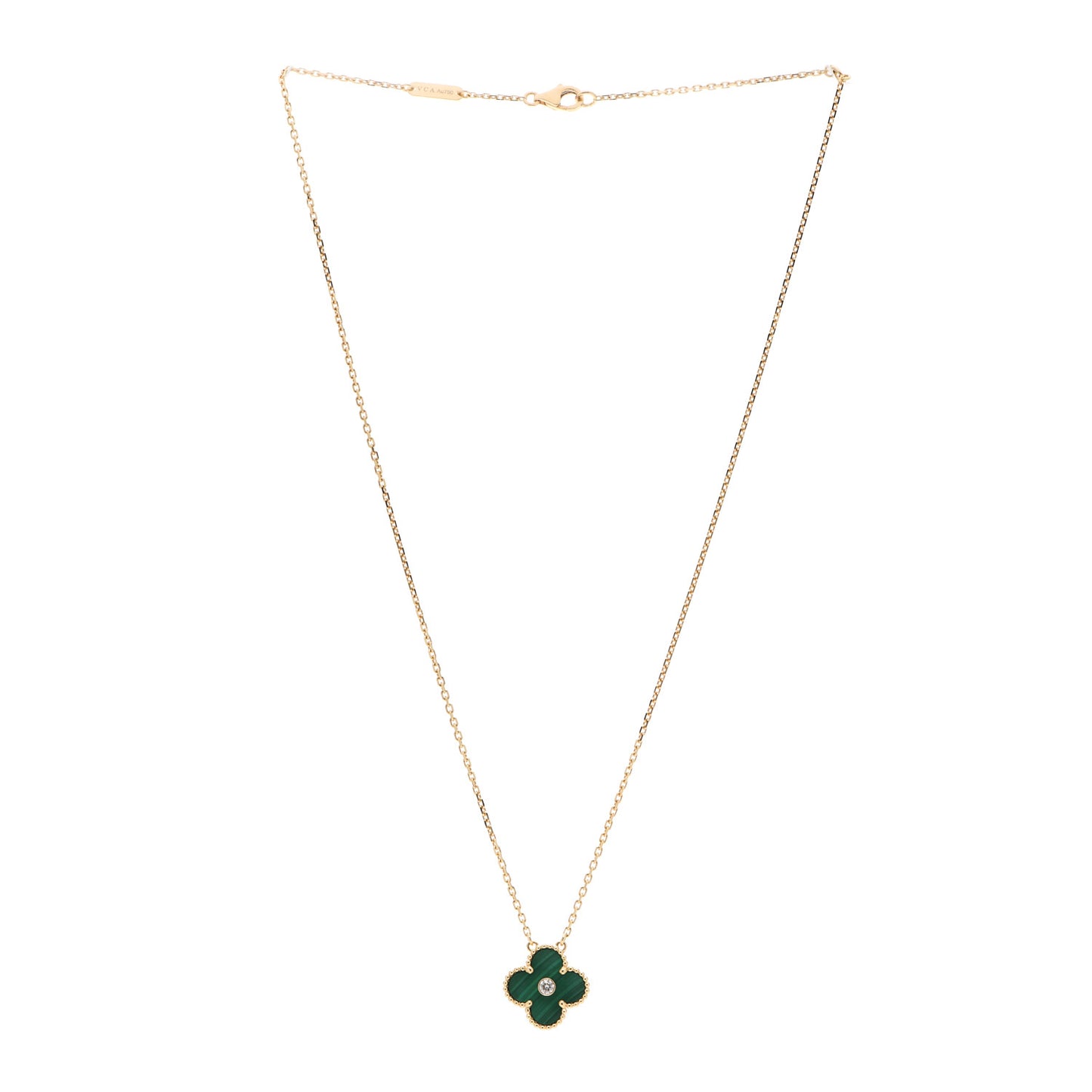 18K Yellow Gold Diamond Malachite Vintage Alhambra Pendant Necklace