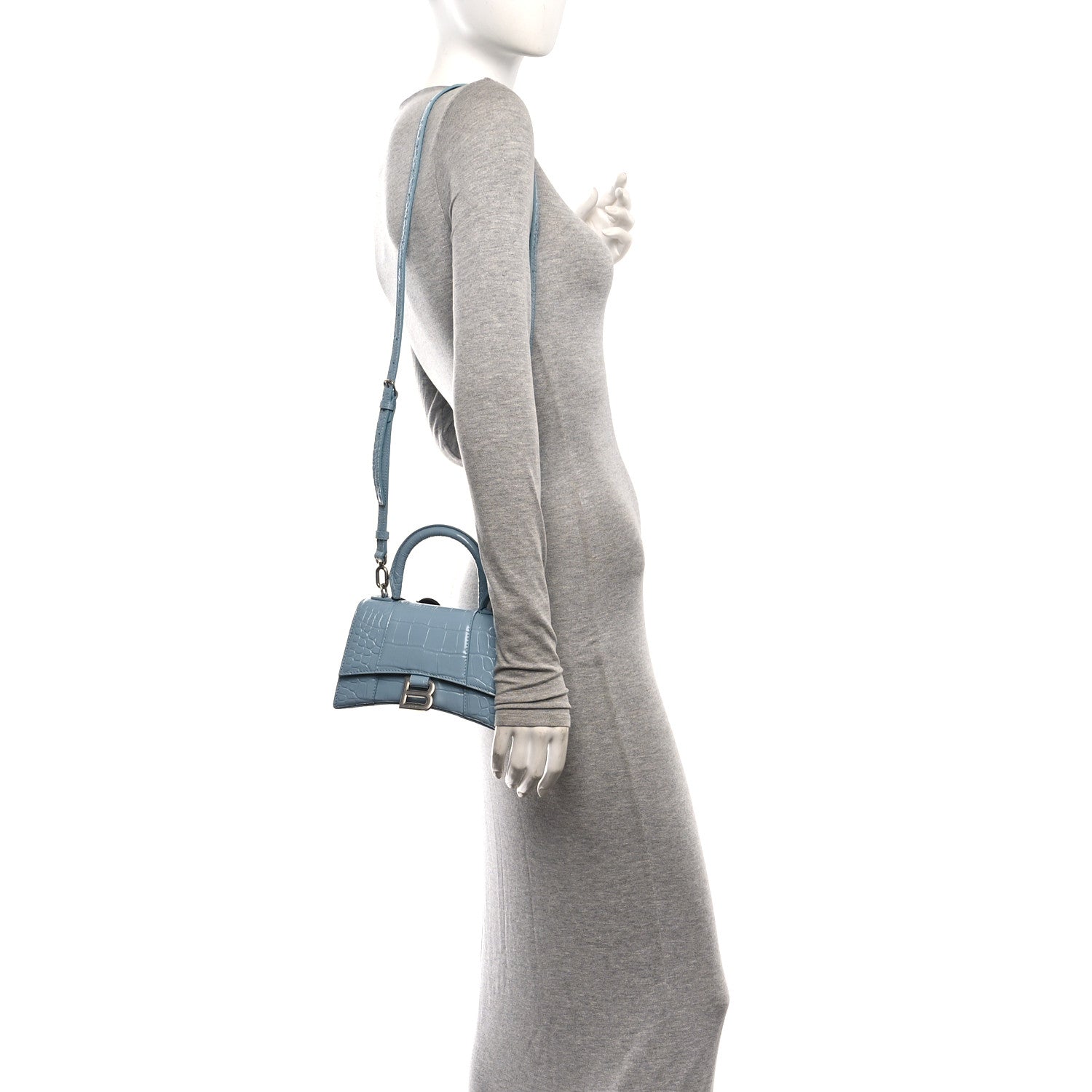 Balenciaga Shiny Calfskin Crocodile Embossed Hourglass Top Handle Bag XS Blue Grey 2 of 11