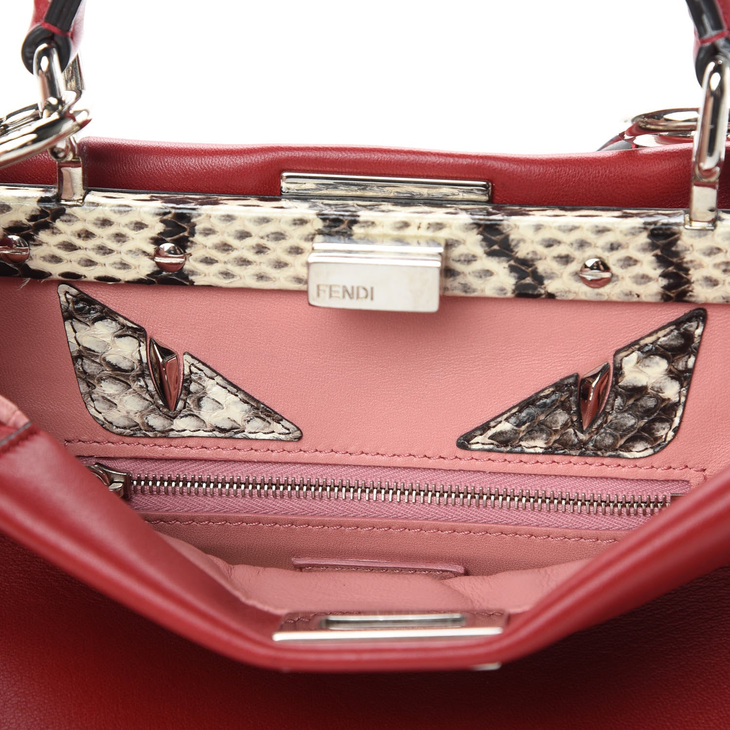 Fendi Nappa Elaphe Monster Eyes Mini Peekaboo Iconic Satchel Ruby Bois de Rose Natural 17 of 18