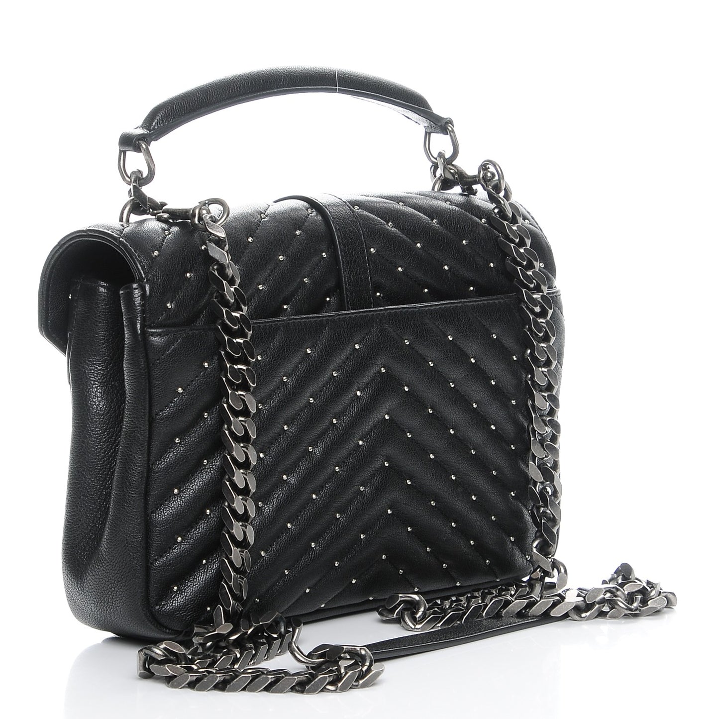 Lambskin Matelasse Chevron Studded Monogram Medium College Bag Black