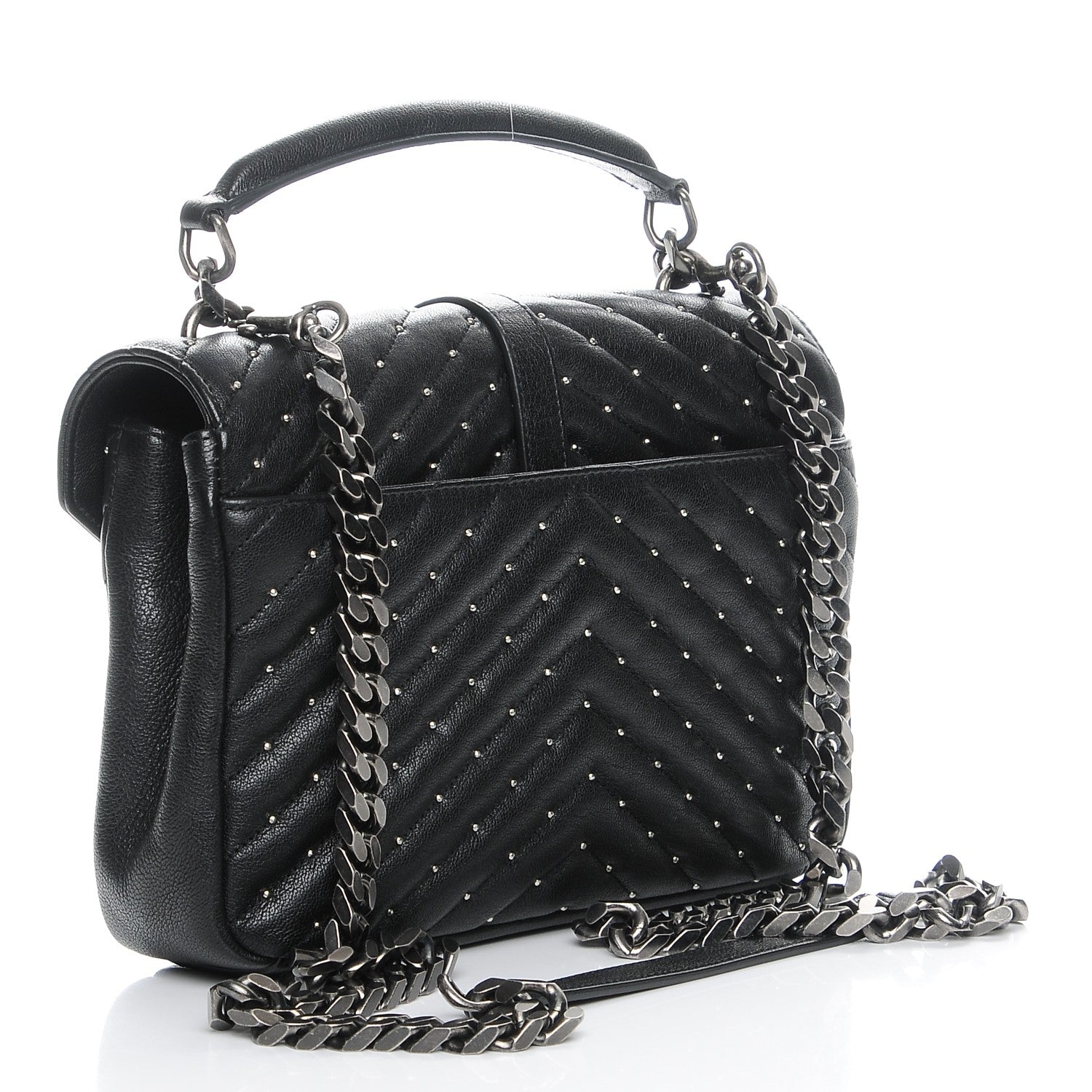 Saint Laurent Lambskin Matelasse Chevron Studded Monogram Medium College Bag Black 3 of 7