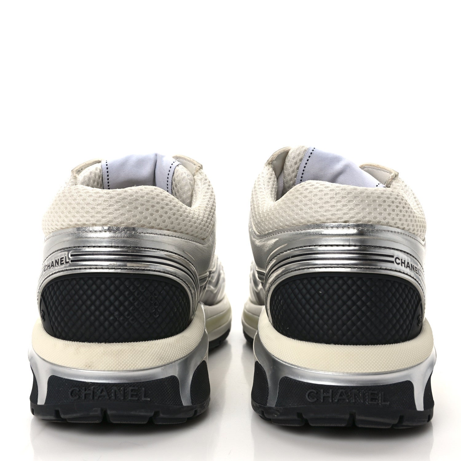 Chanel Fabric Laminated Calfskin Stretch CC Sneakers 38 White Silver 5 of 9