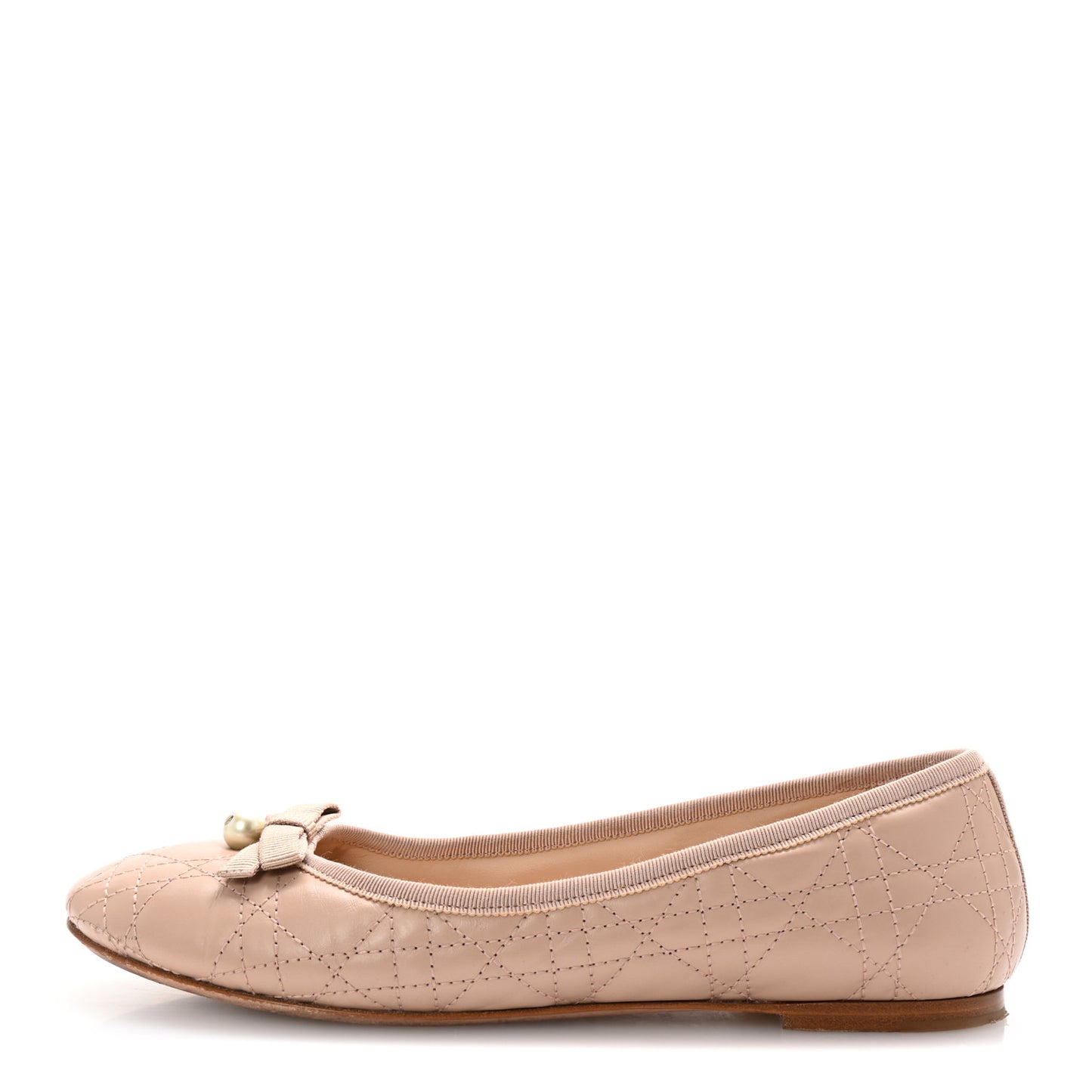Calfskin Cannage Pearl Bow Ballet Flats 38 Nude