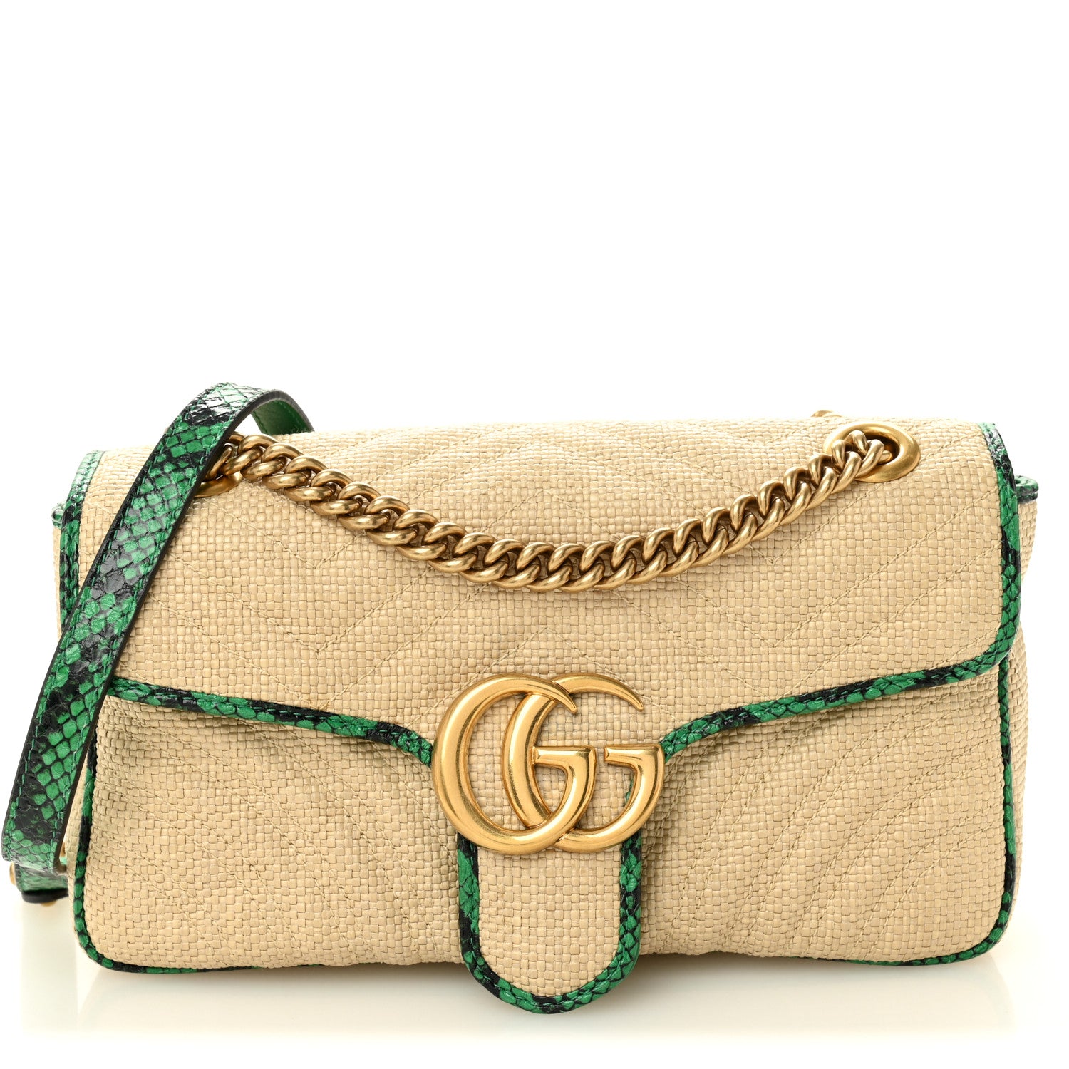 Gucci Raffia Elaphe Matelasse Small GG Marmont Shoulder Bag Natural New Shamarock 1 of 10