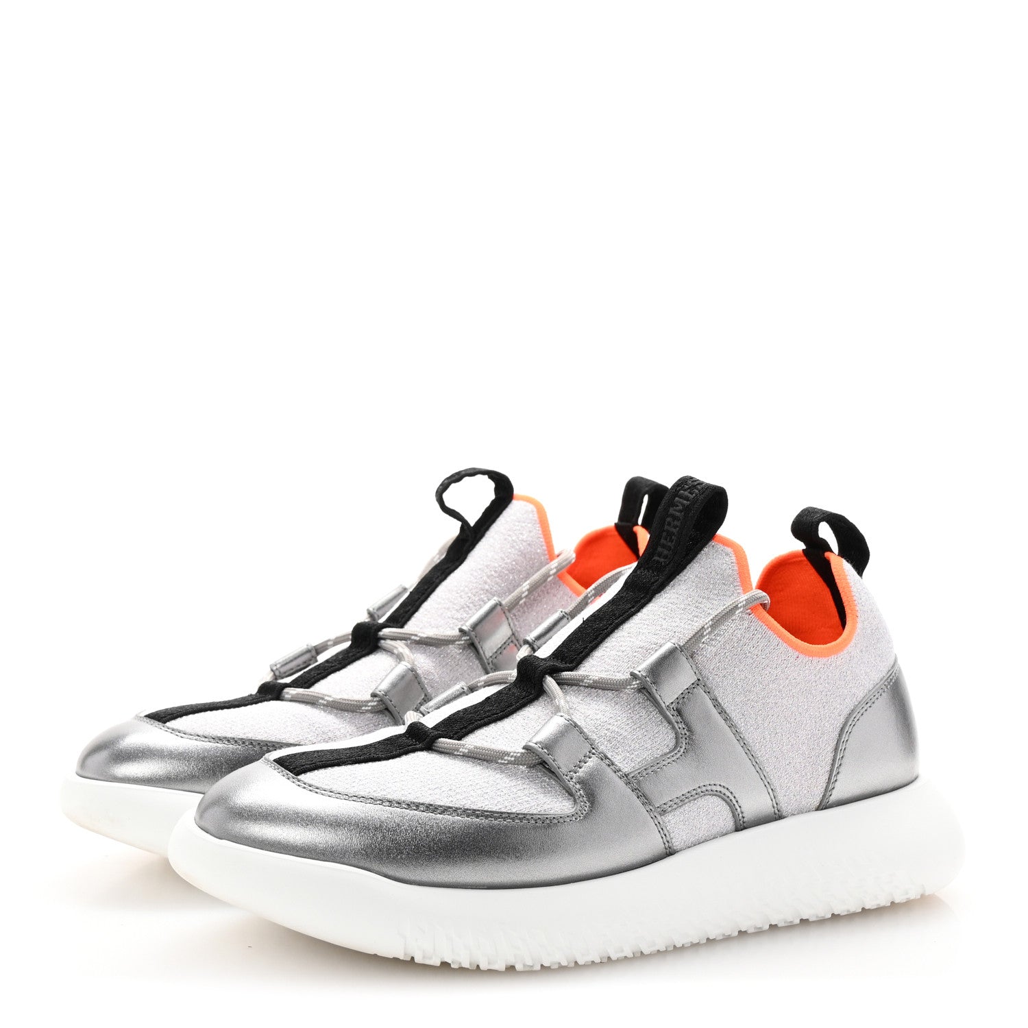 Hermes Knit Metallic Calfskin Womens Duel Sneakers 37.5 Argent