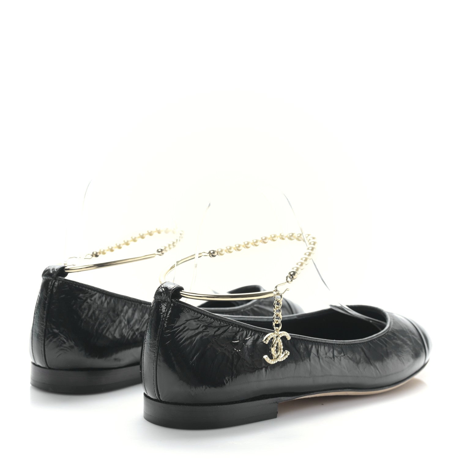 Chanel Lambskin Patent Calfskin Cap Toe Ankle Chain Ballerina Flats 38 Black 4 of 8
