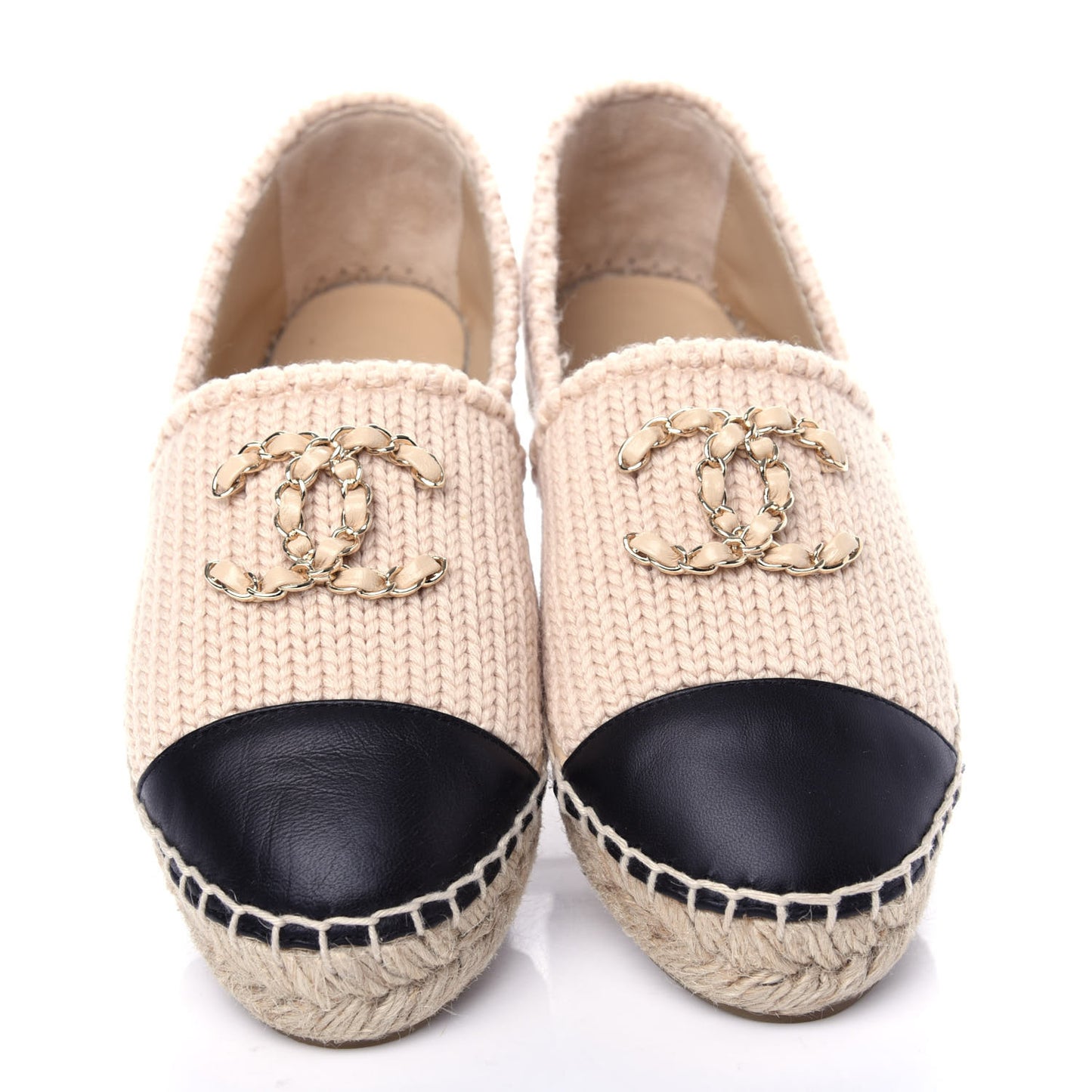 Knitted Wool Lambskin Chain CC Espadrilles 36 Beige Black