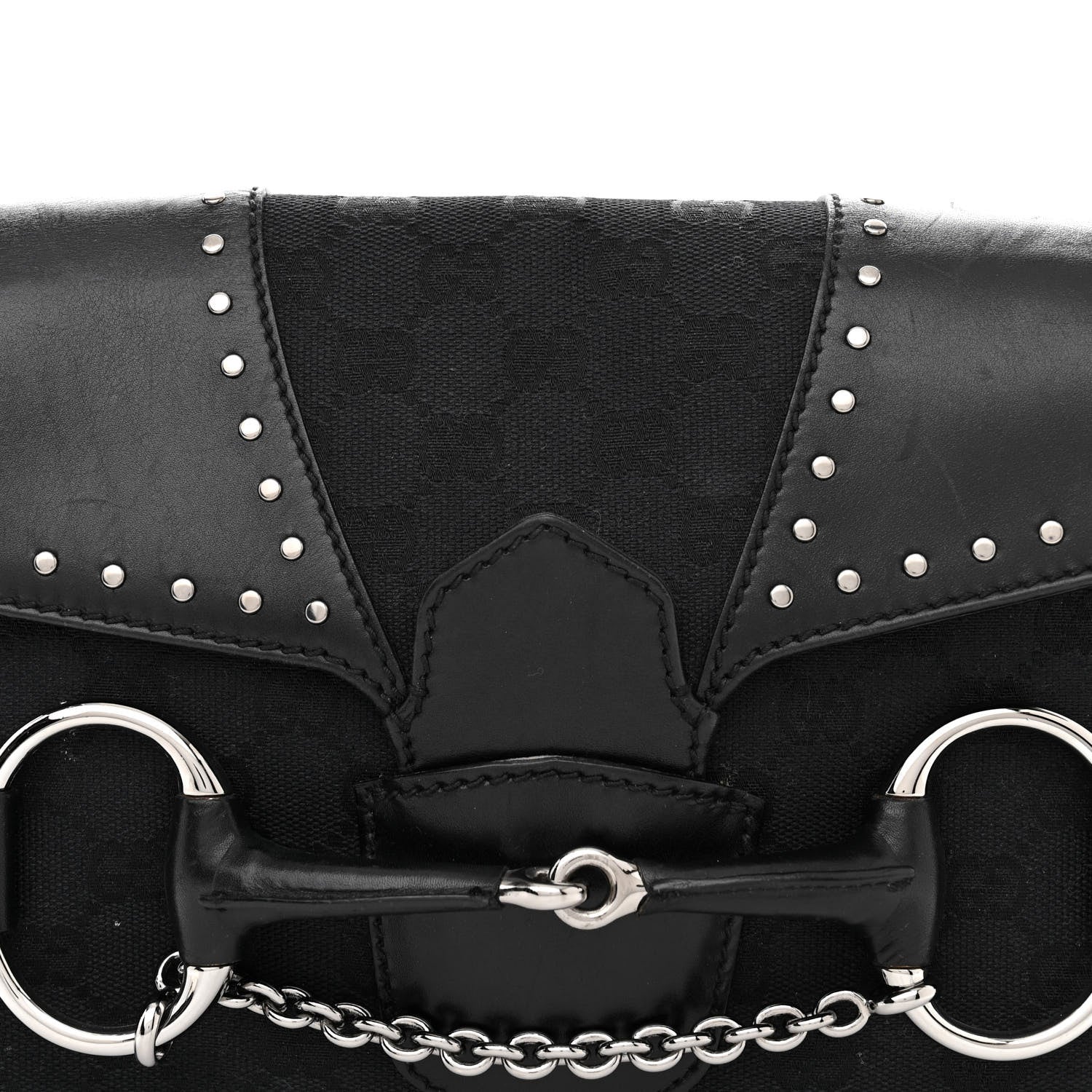 Gucci Monogram Horsebit Chain Studded Flap Shoulder Bag Black 8 of 14