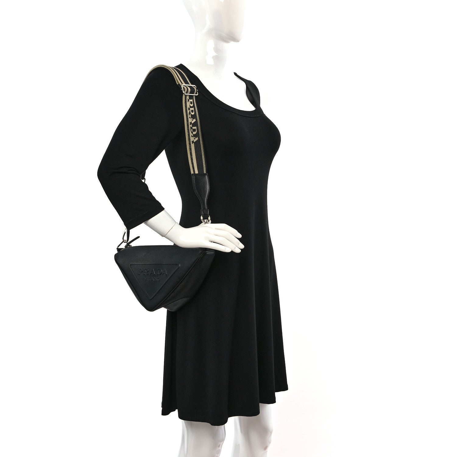 Prada Saffiano Cuir Triangle Logo Embossed Triangle Shoulder Bag Black 2 of 7