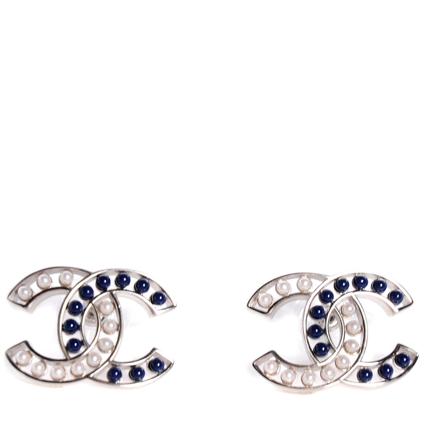Pearl CC Earrings Silver White Blue