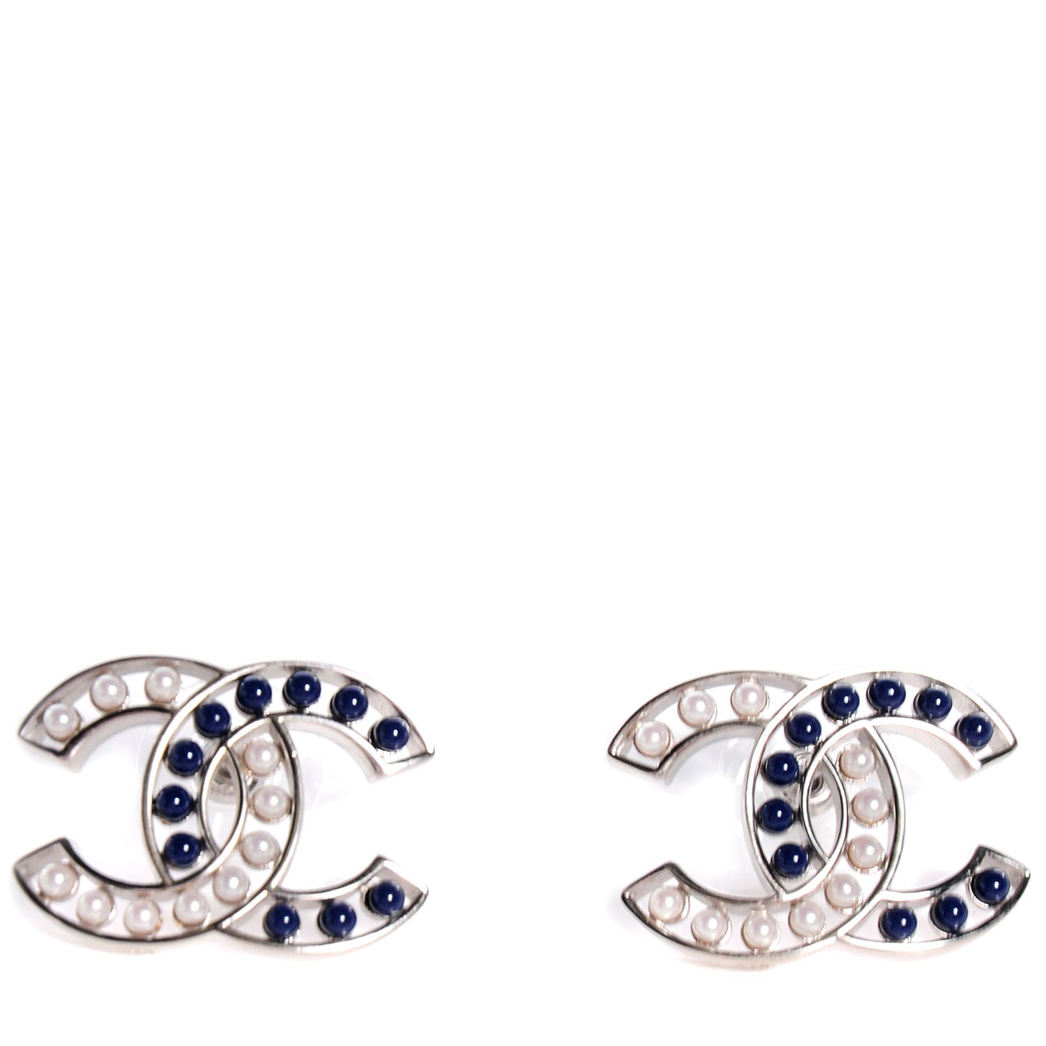 Chanel Pearl CC Earrings Silver White Blue 1 of 5