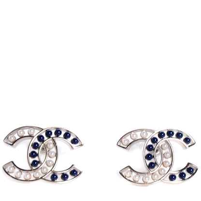 Chanel Pearl CC Earrings Silver White Blue 1 of 5