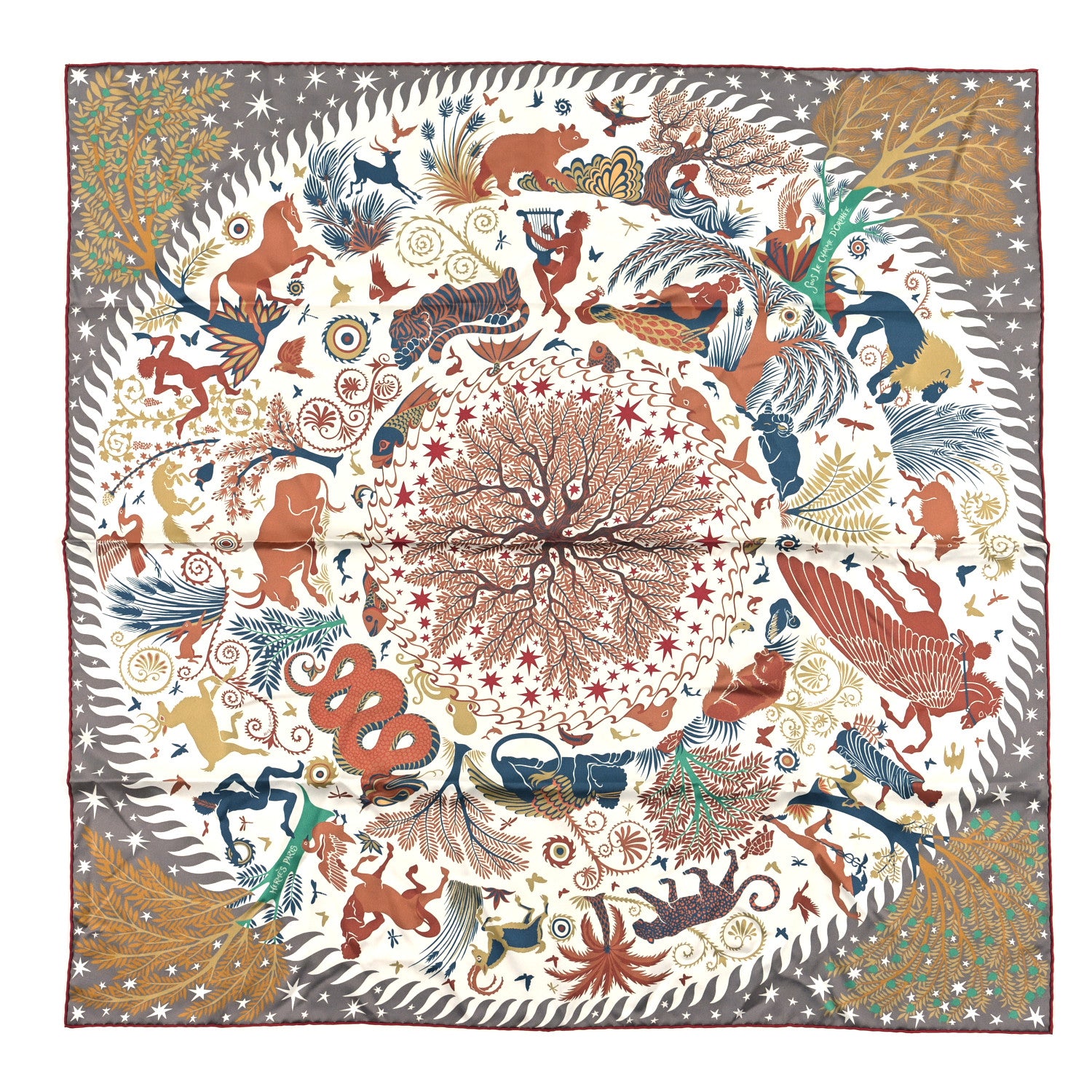 Hermes Silk Sous Le Charme d'Orphee Double Face Scarf 90 Etoupe White Beige Dore 1 of 4