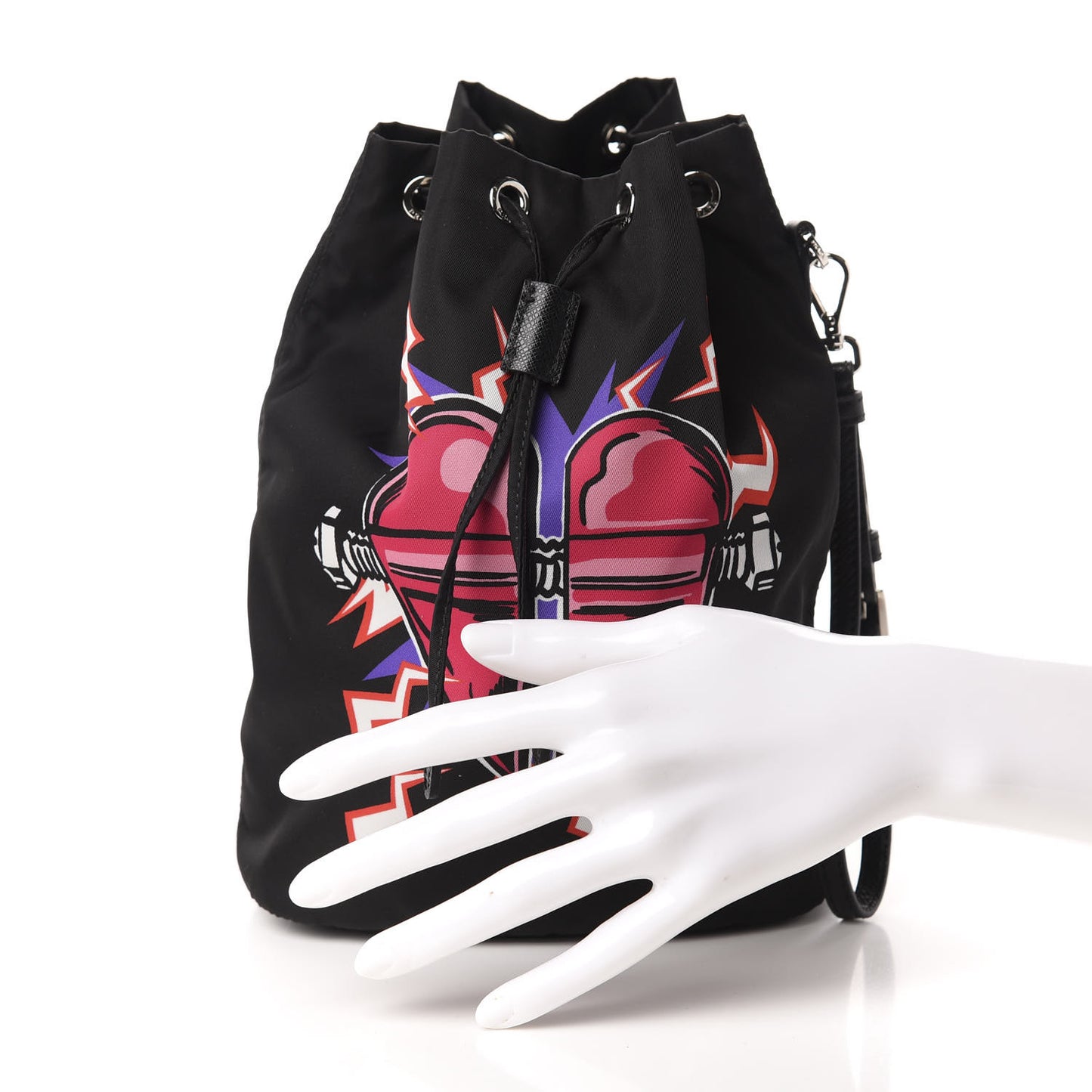 X UNIVERSAL STUDIOS Tessuto Nylon Saffiano Frankenstein Heart Drawstring Wristlet Bucket Bag Fuxia