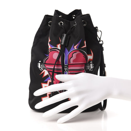 Prada X UNIVERSAL STUDIOS Tessuto Nylon Saffiano Frankenstein Heart Drawstring Wristlet Bucket Bag Fuxia 2 of 12