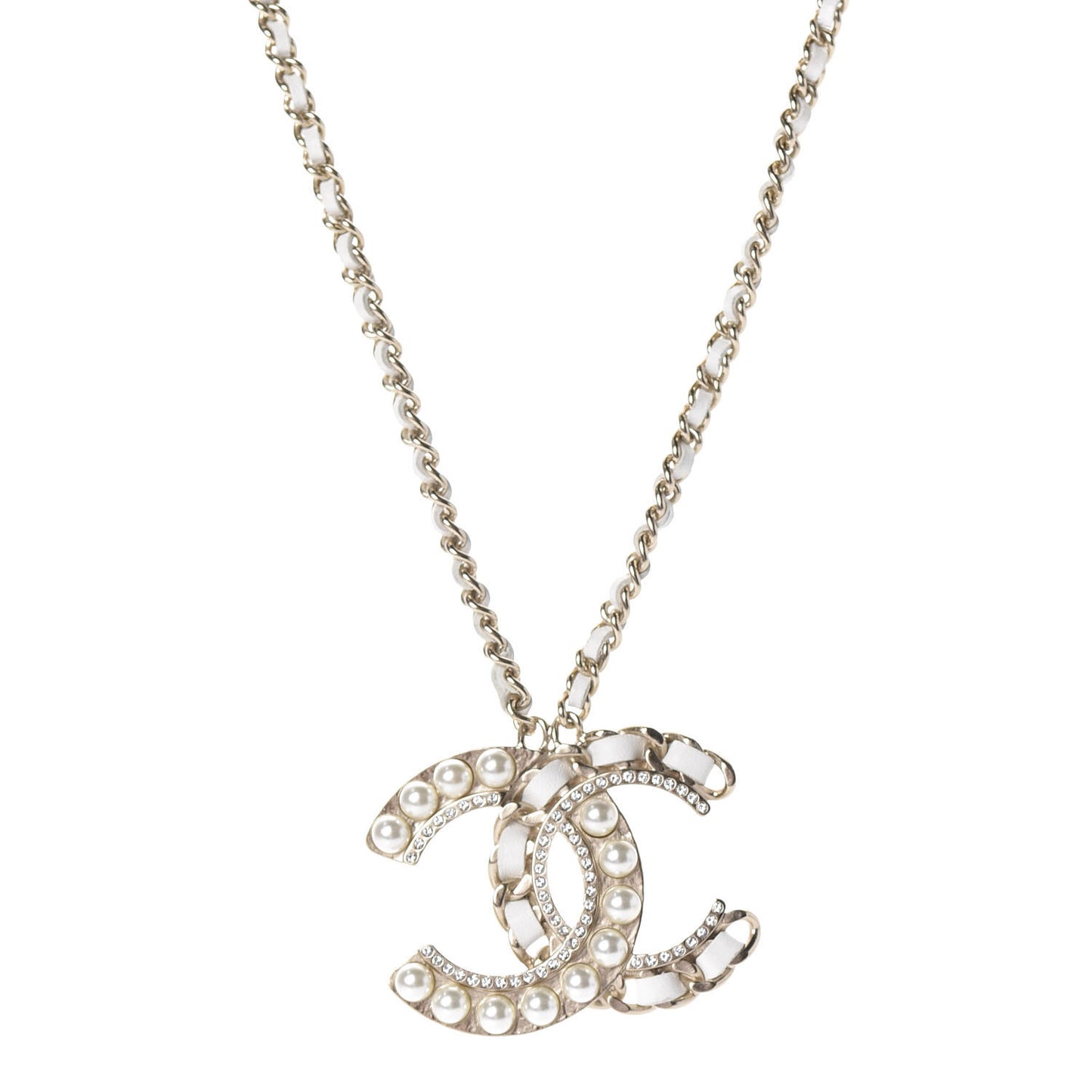Pearl Crystal Lambskin Chain CC Necklace White Gold