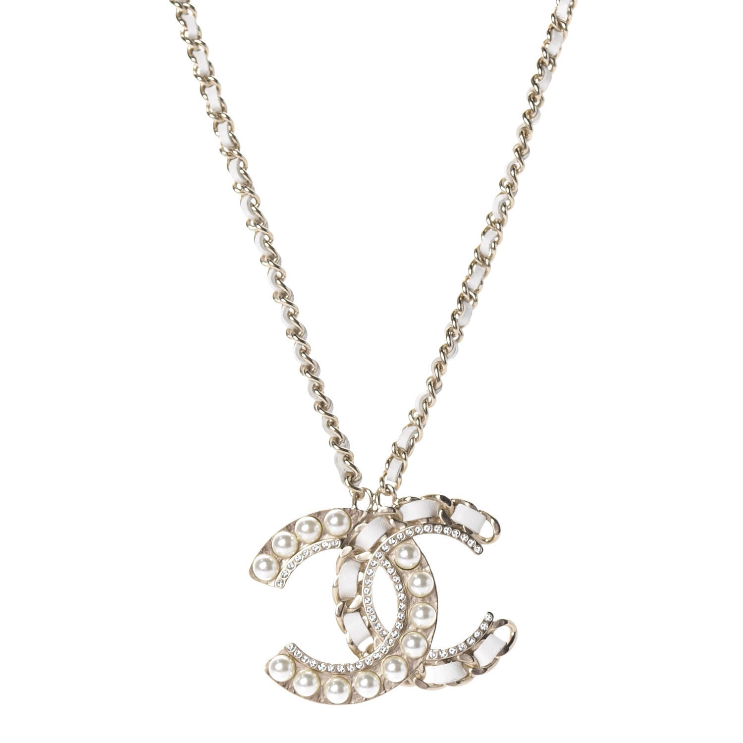 Chanel Pearl Crystal Lambskin Chain CC Necklace White Gold 1 of 8
