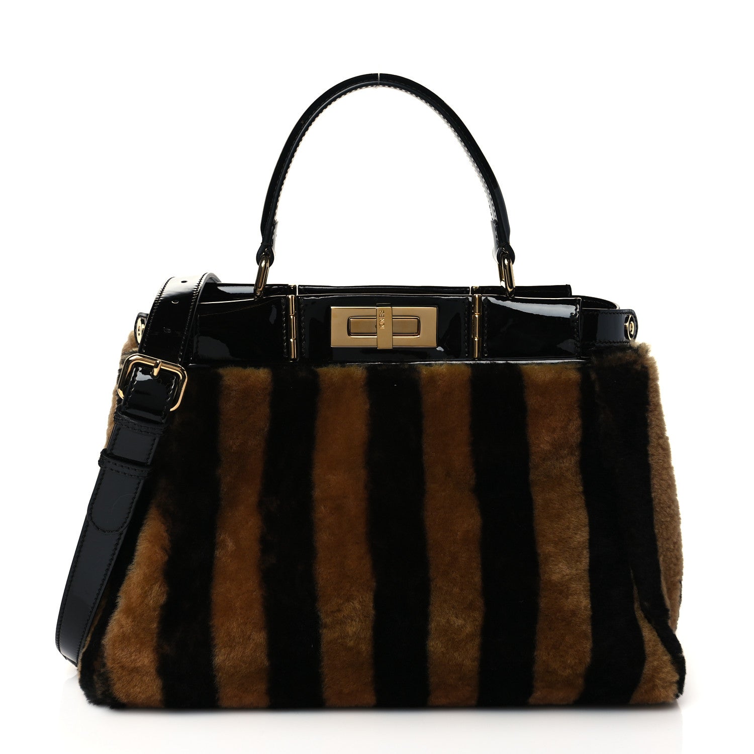 Fendi Shearling Vitello Vernice Mou Pequin Striped Medium Peekaboo Iconic Satchel Tobacco Black 1 of 9
