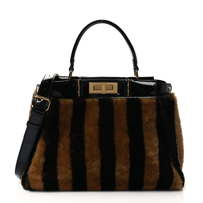Fendi Shearling Vitello Vernice Mou Pequin Striped Medium Peekaboo Iconic Satchel Tobacco Black 1 of 9