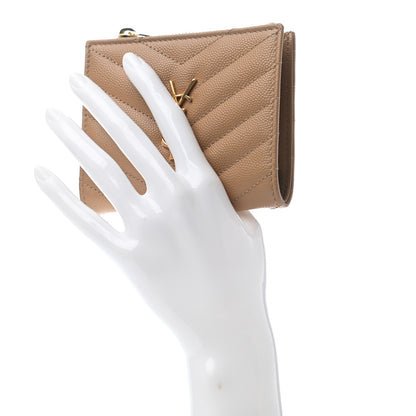 Saint Laurent Grain De Poudre Matelasse Chevron Monogram Zipped Card Case Deep Beige 2 of 6