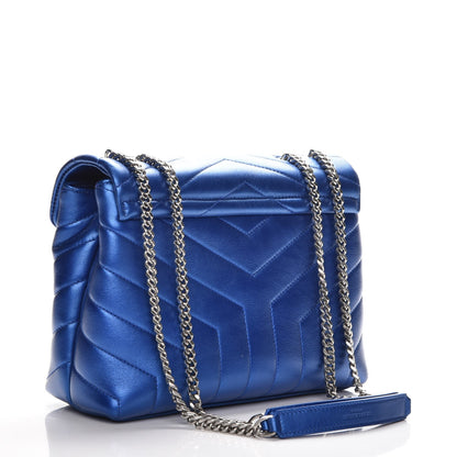 Saint Laurent Metallic Calfskin Y Quilted Monogram Small Loulou Chain Satchel Blue Royal 3 of 7