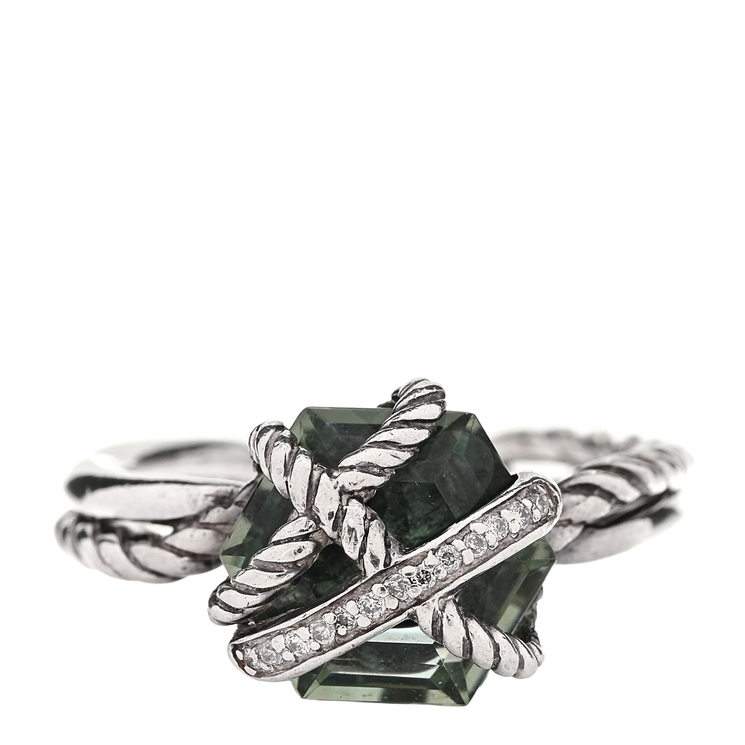 David Yurman Sterling Silver Diamond Prasiolite 10mm Cable Wrap Ring 51 5.75 1 of 4