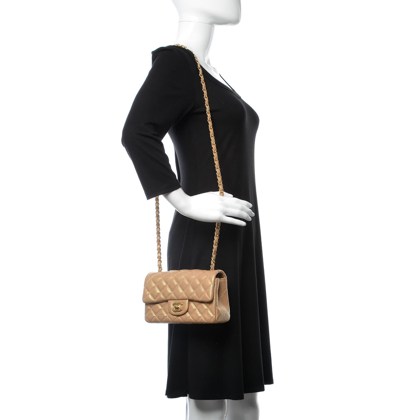 Pearly Caviar Quilted Mini Rectangular Flap Gold