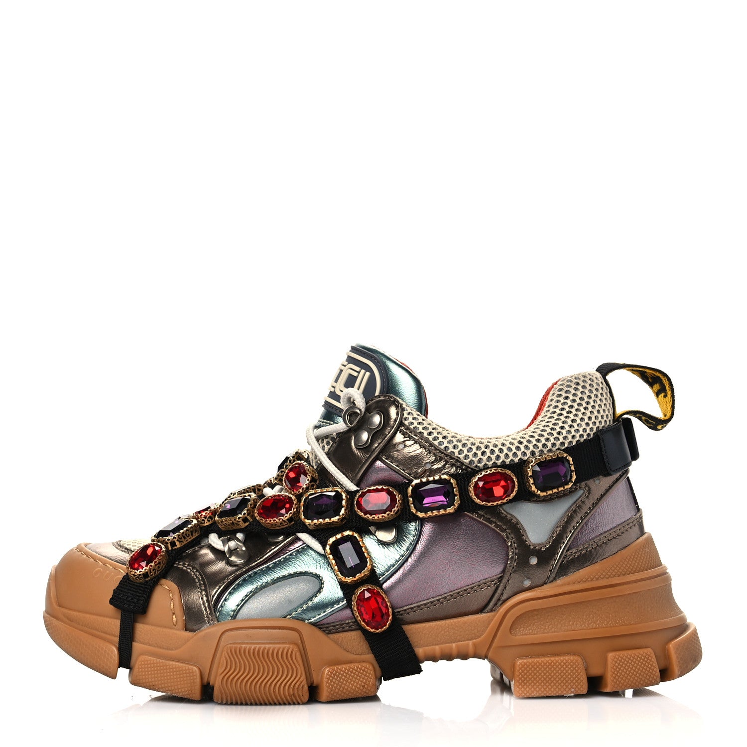 Gucci X SEGA Metallic Calfskin Mesh Removable Crystals Womens Flashtrek Sneakers 36 Rame Mystic White Lago 1 of 7