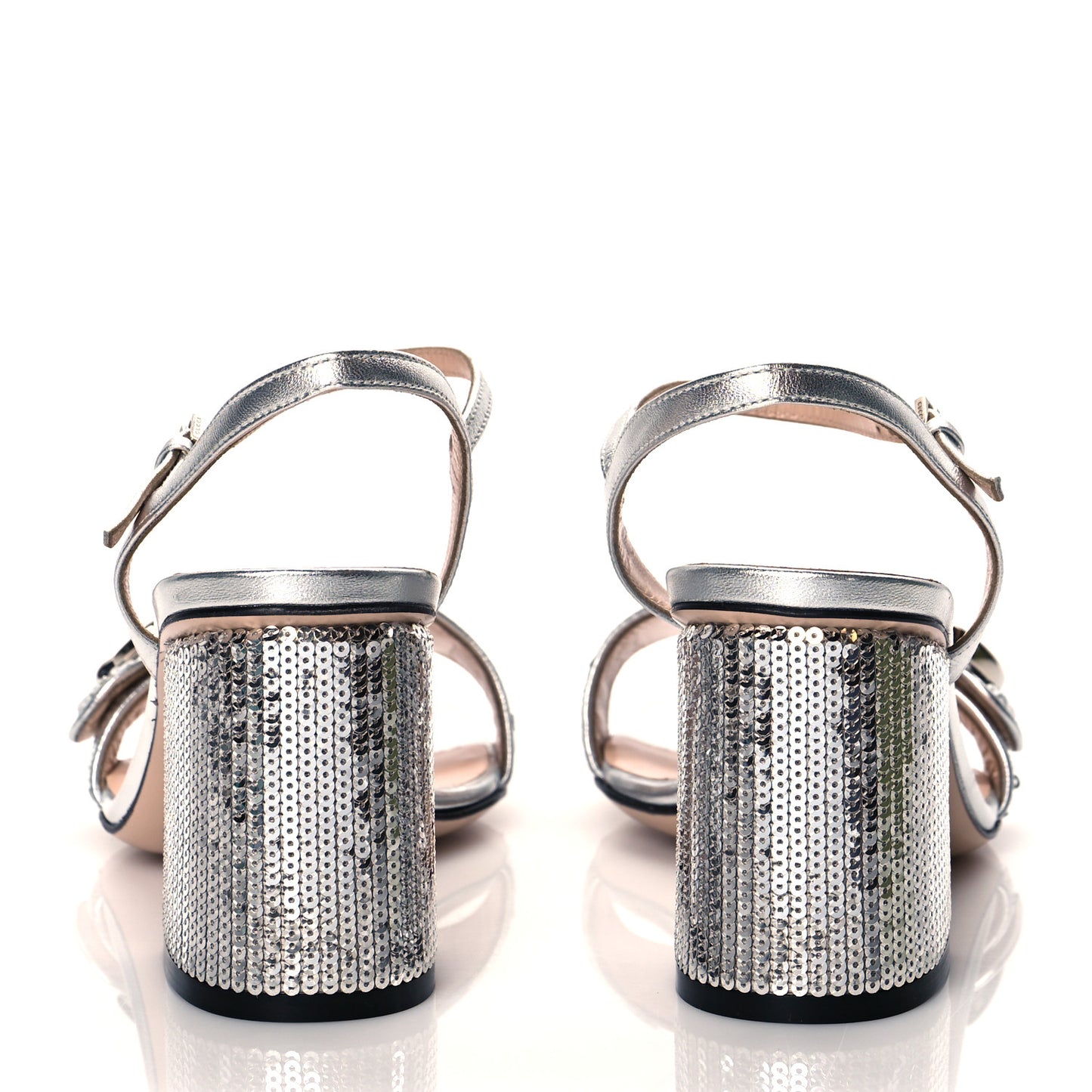 Sequin Satin Nappa GG Marmont Ankle Wrap 75mm Sandals 36 Silver Grigio Argento