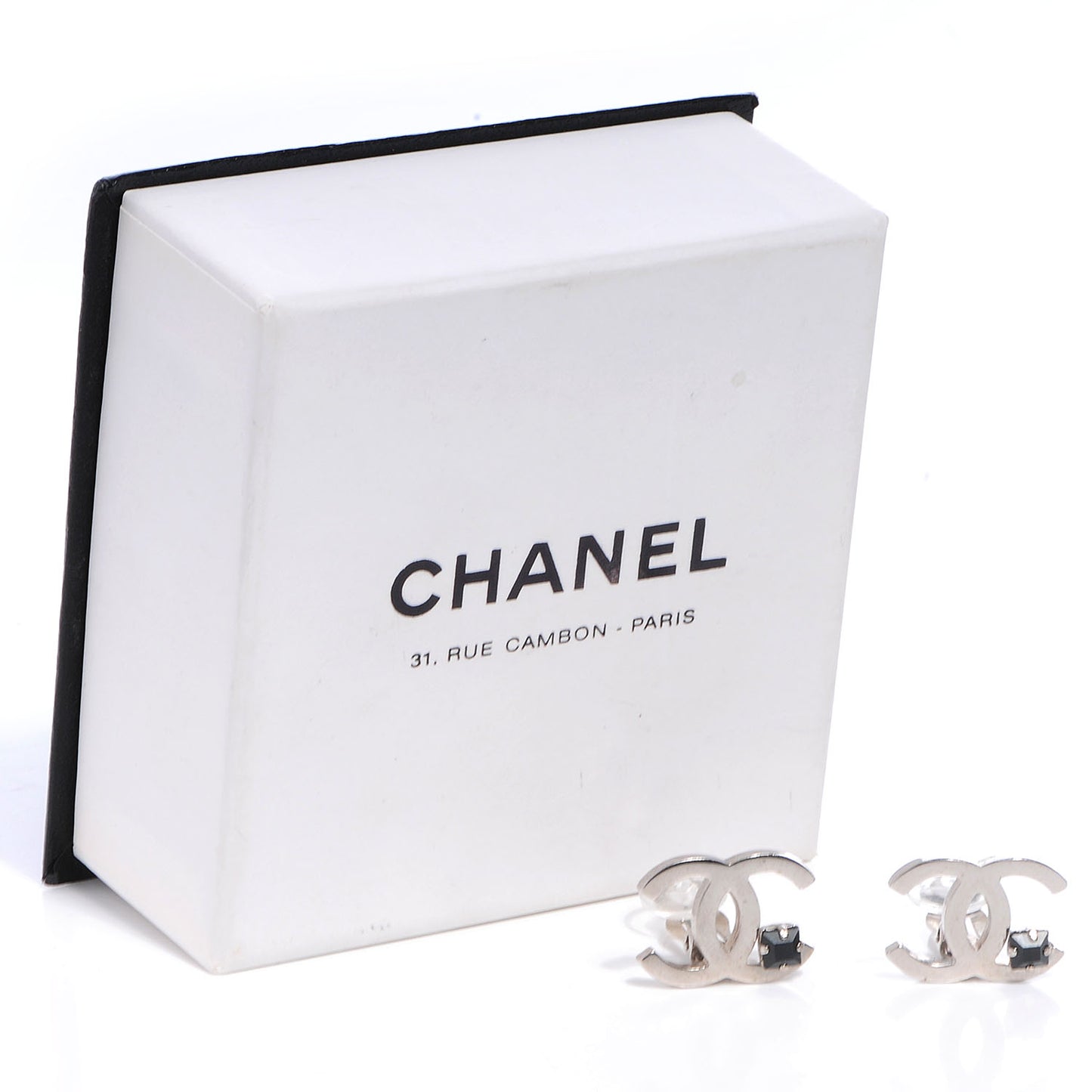 Black Stone CC Logo Clip On Earrings Silver