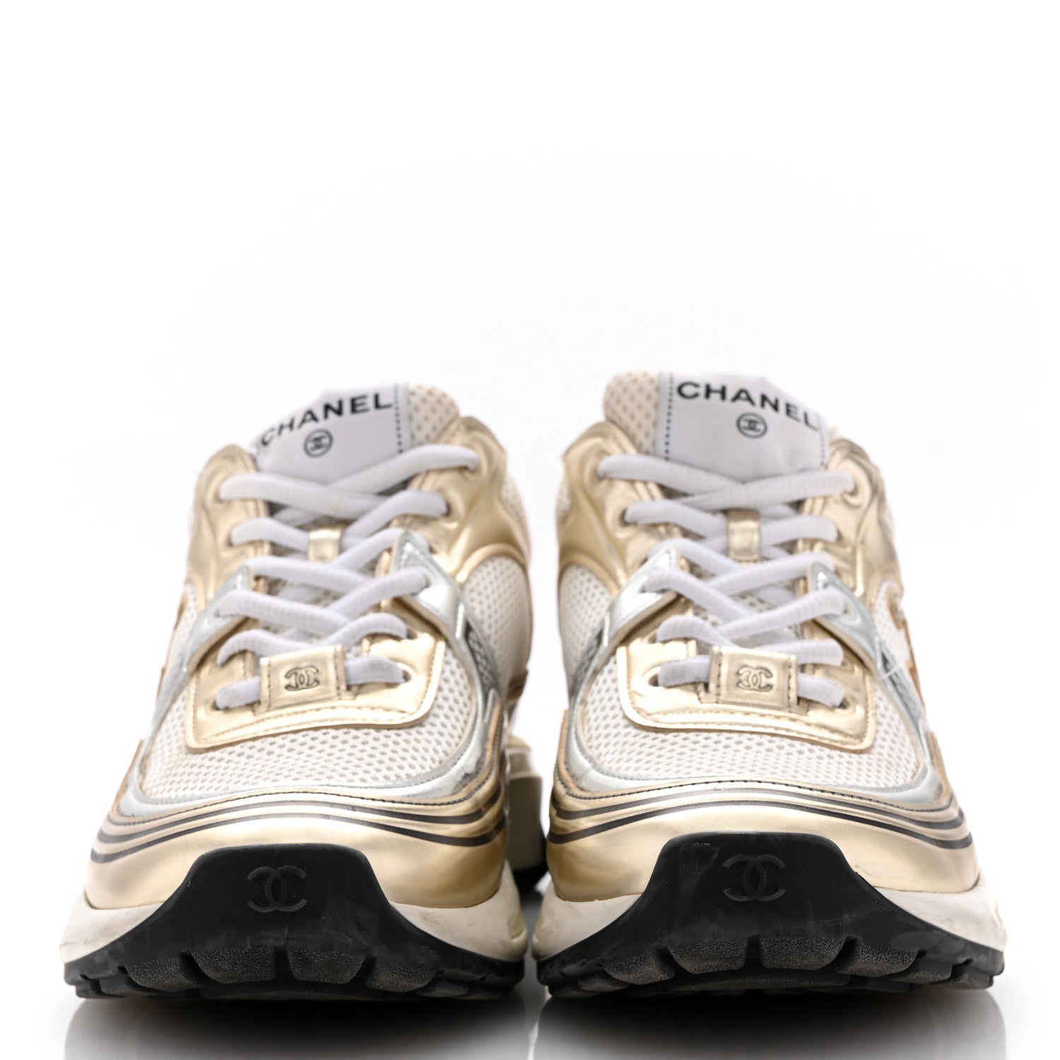 Chanel Fabric Laminated Calfskin Stretch CC Womens Sneakers 38.5 White Gold 3 of 13