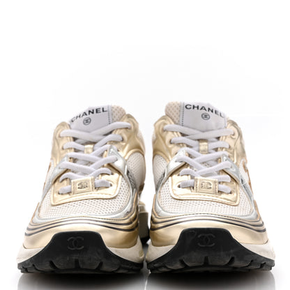 Chanel Fabric Laminated Calfskin Stretch CC Womens Sneakers 38.5 White Gold 3 of 13