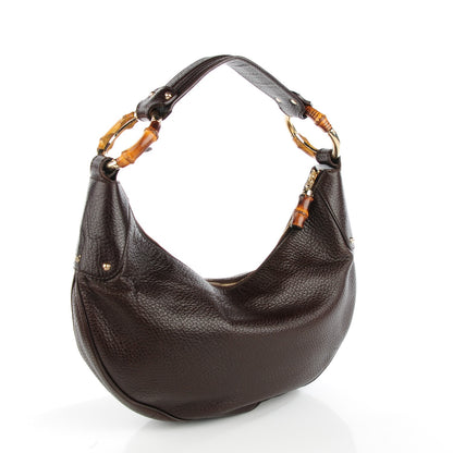 Gucci Pebbled Calfskin Half Moon Bamboo Ring Hobo Dark Brown 3 of 7
