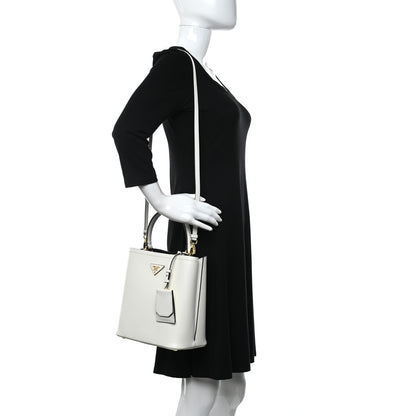 Prada Saffiano Cuir Medium Panier Bucket Bag Bianco Black 2 of 9