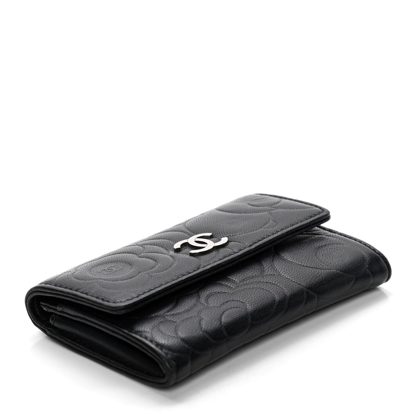 Lambskin Camellia Embossed Flap Card Holder Black