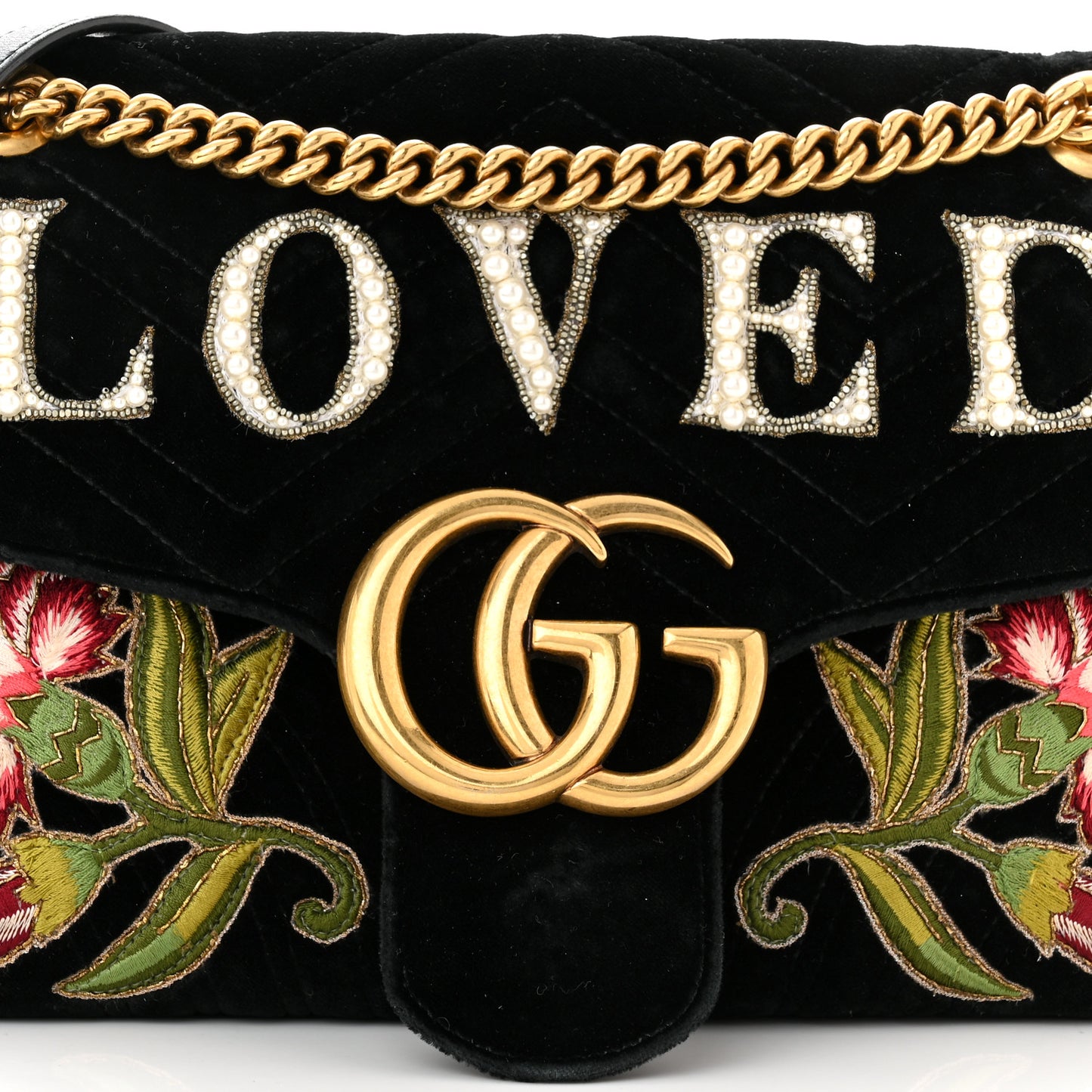 Velvet Matelasse Loved Embroidered Medium GG Marmont Shoulder Bag Black