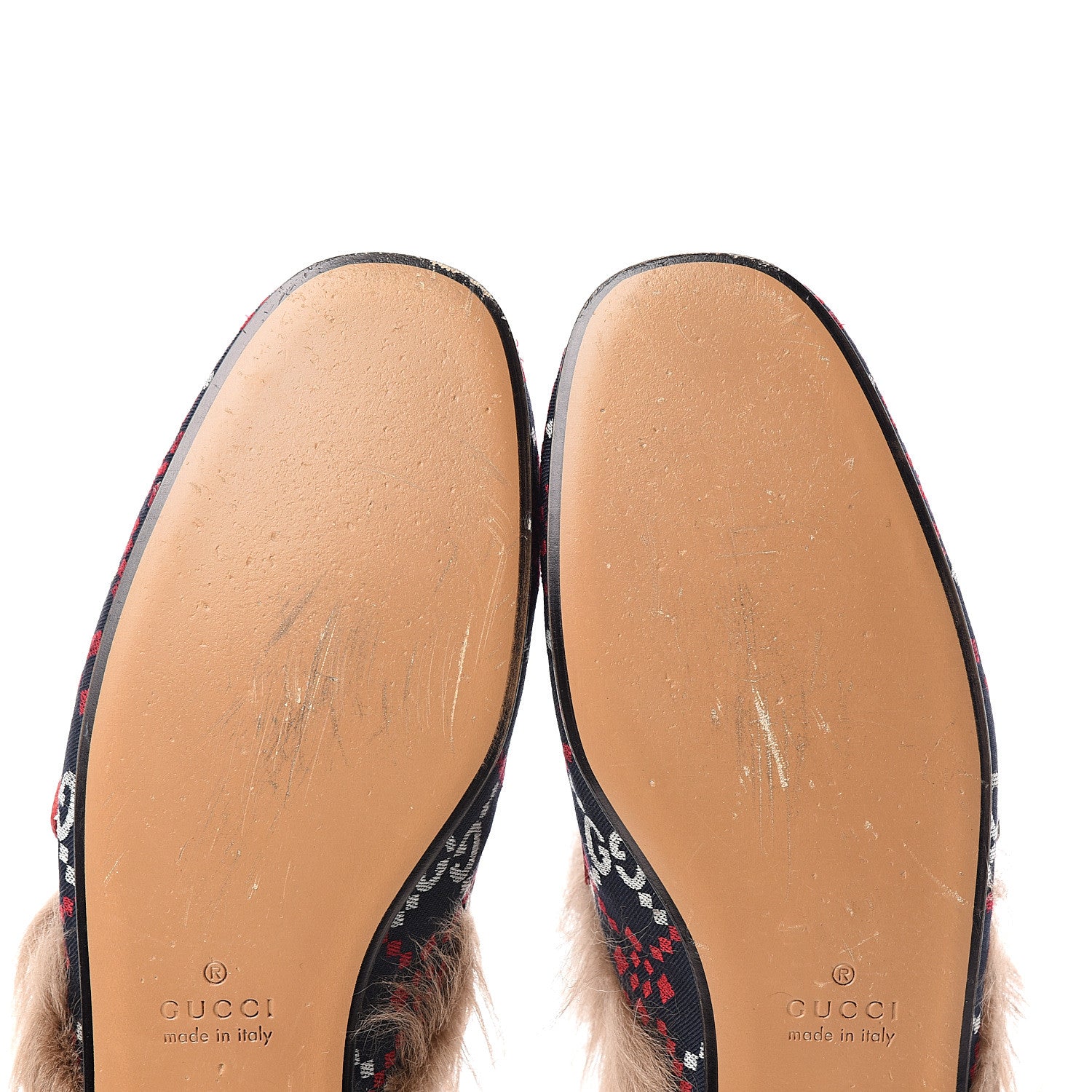 Gucci Canvas GG Monogram Diamond Fur Web GG Mens Princetown Slippers 7.5 Midnight Blue Hibiscus Red 6 of 9