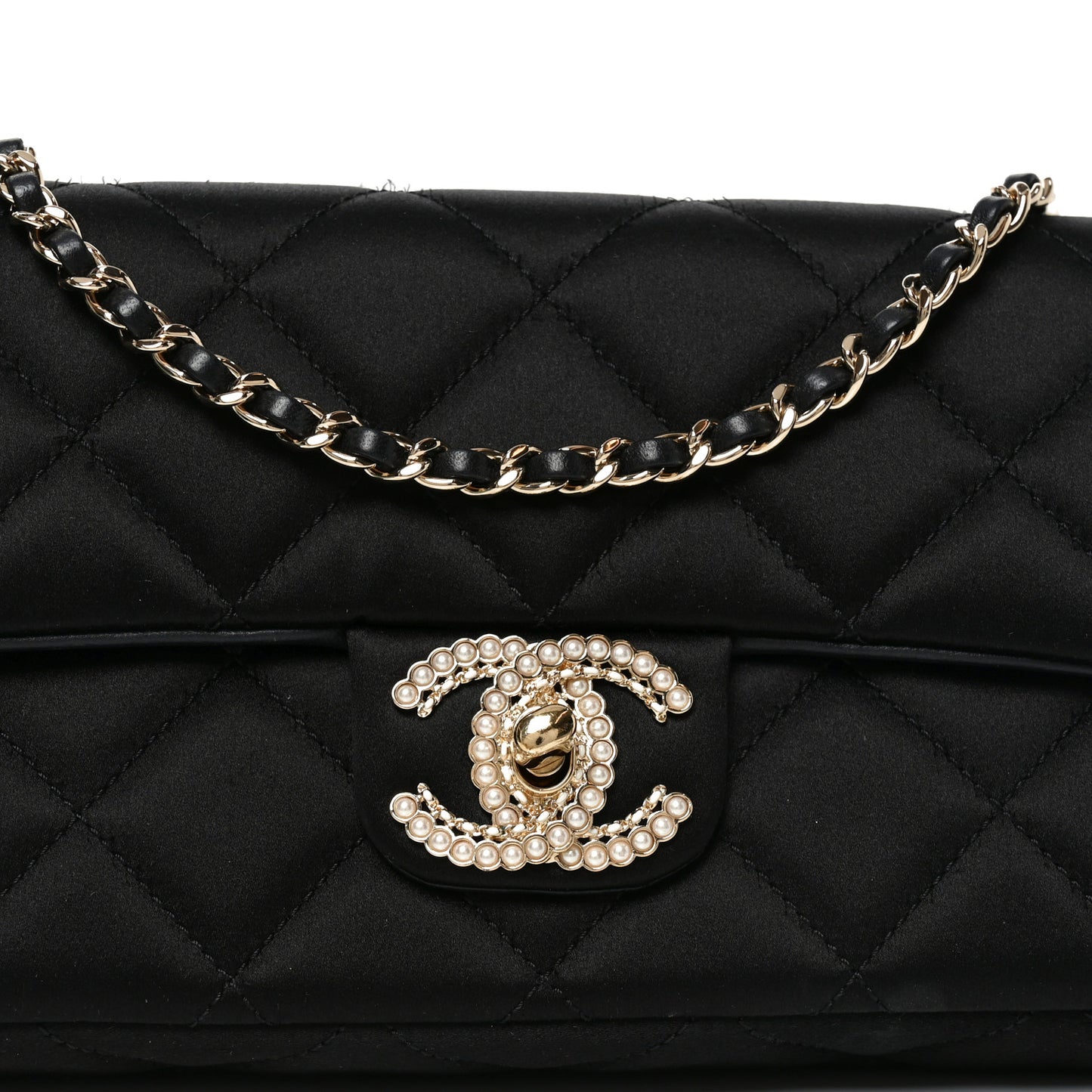 Satin Quilted Pearl CC Flap Clutch Black