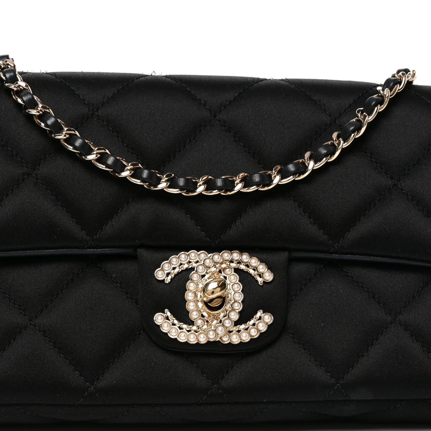 Chanel Satin Quilted Pearl CC Flap Clutch Black 8 of 10