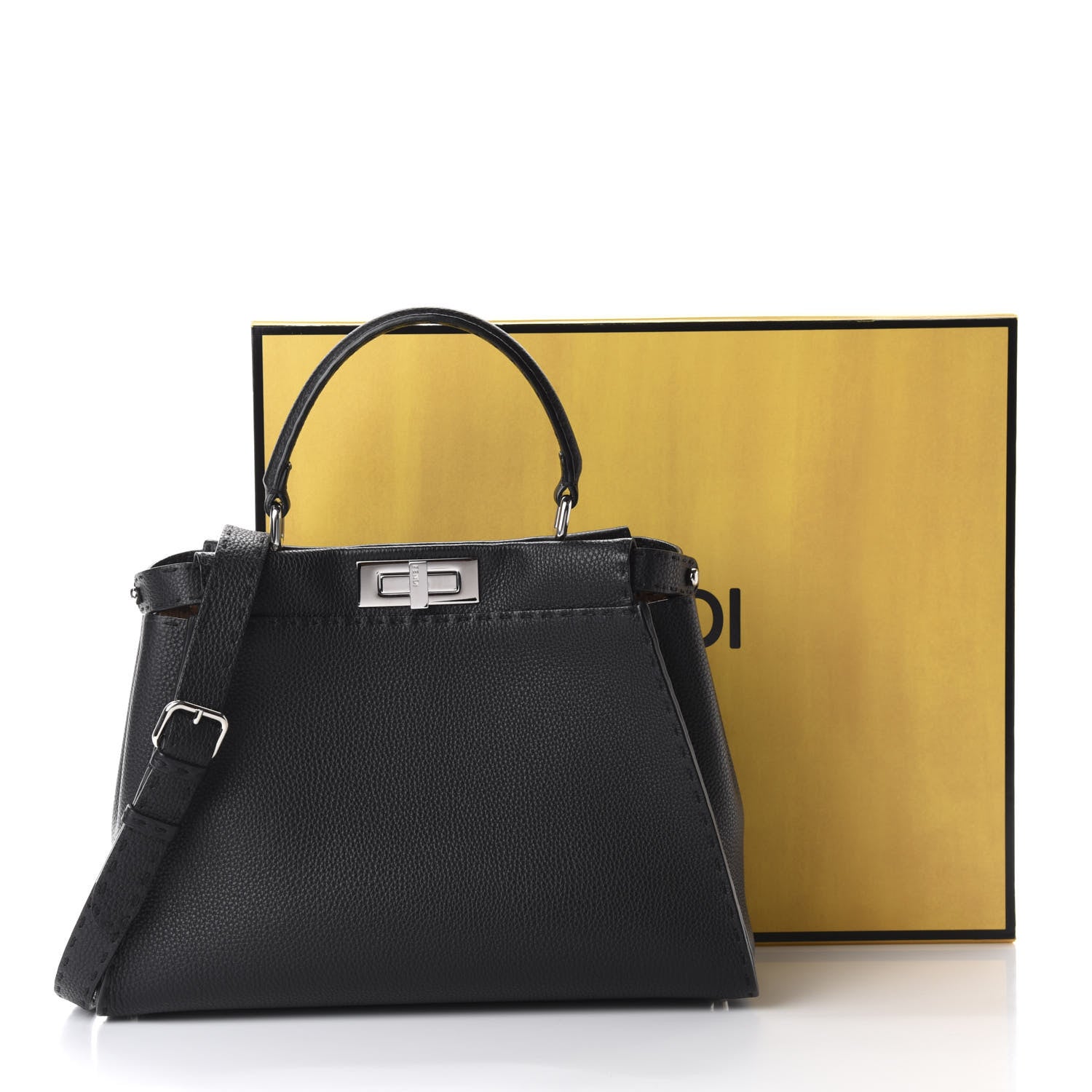 Fendi Cuoio Romano Selleria Bi-Color Medium Peekaboo Iconic Satchel Black Mou 13 of 13