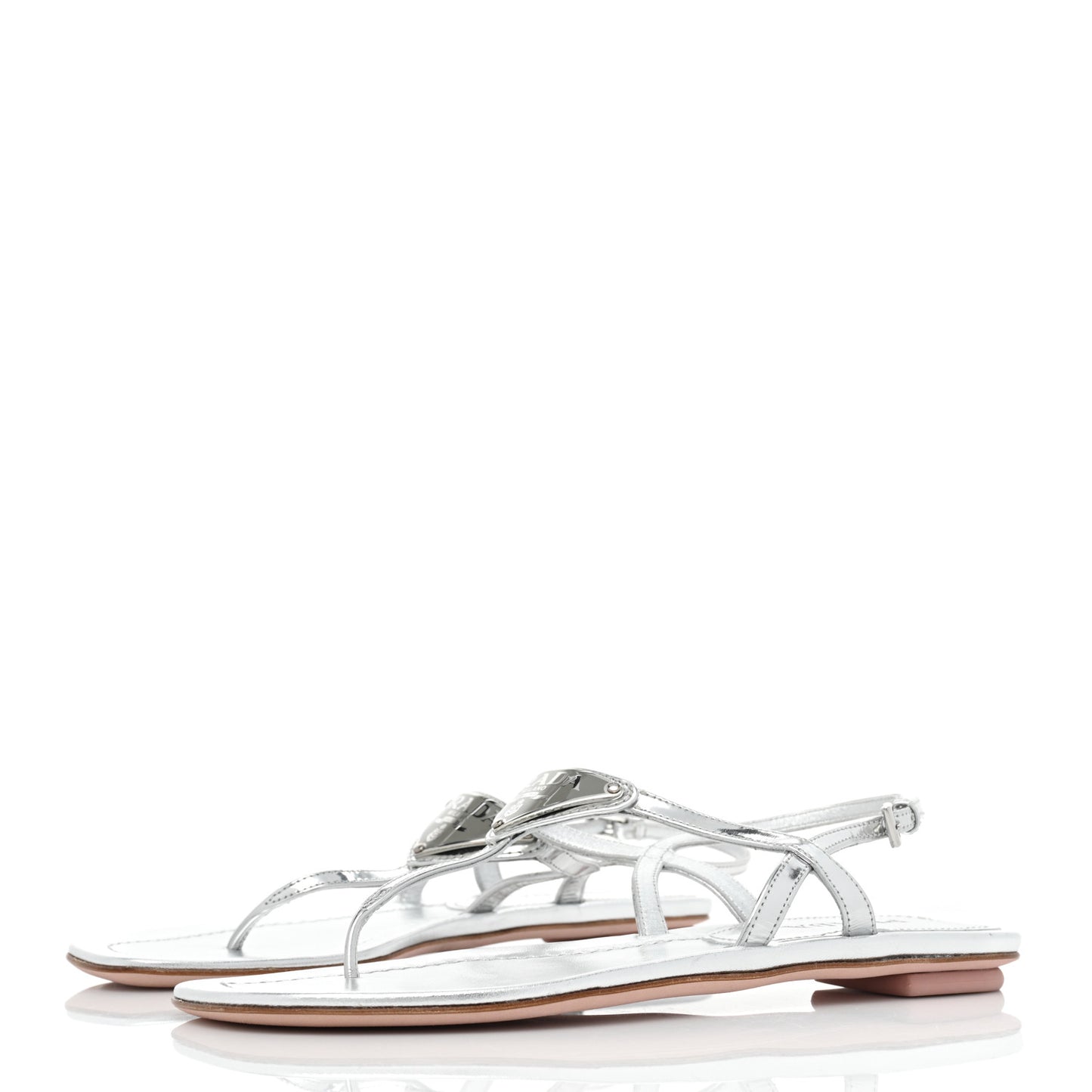 Metallic Calfskin Metal Triangle Logo Slingback Flat Thong Sandals 38.5 Argento