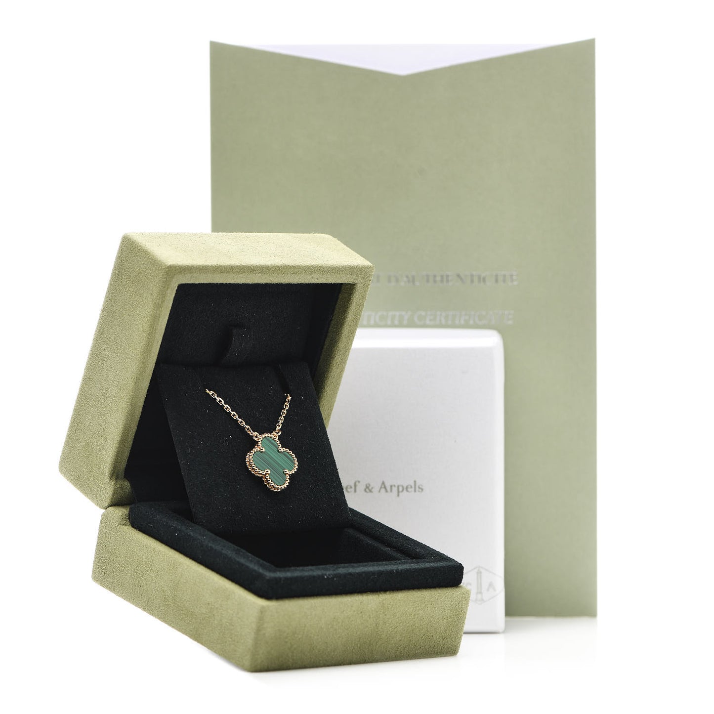 18K Yellow Gold Malachite Vintage Alhambra Pendant Necklace
