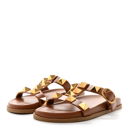 Valentino Garavani Calfskin Roman Stud Flat Slide Sandals 38 Saddle Brown 3 of 8