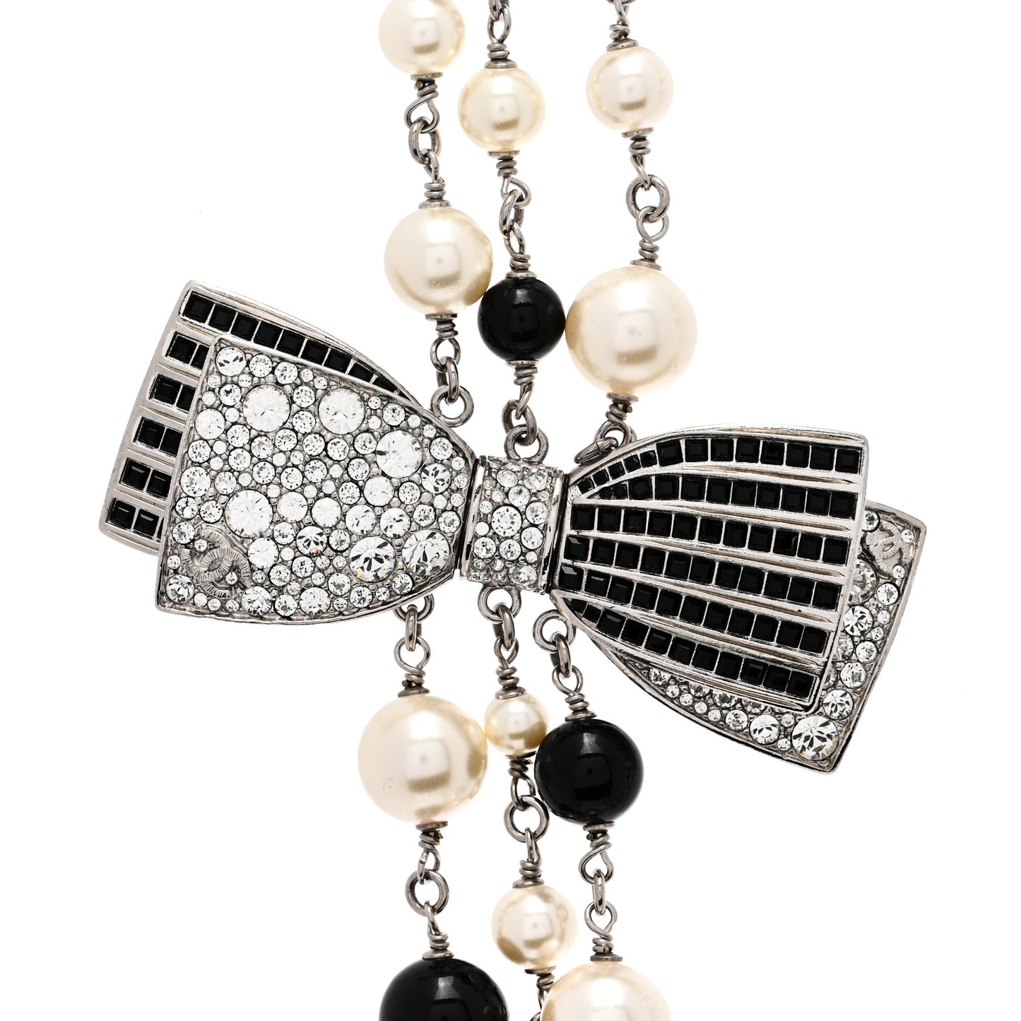 Crystal Pearl Resin CC Bow Necklace Black Gold