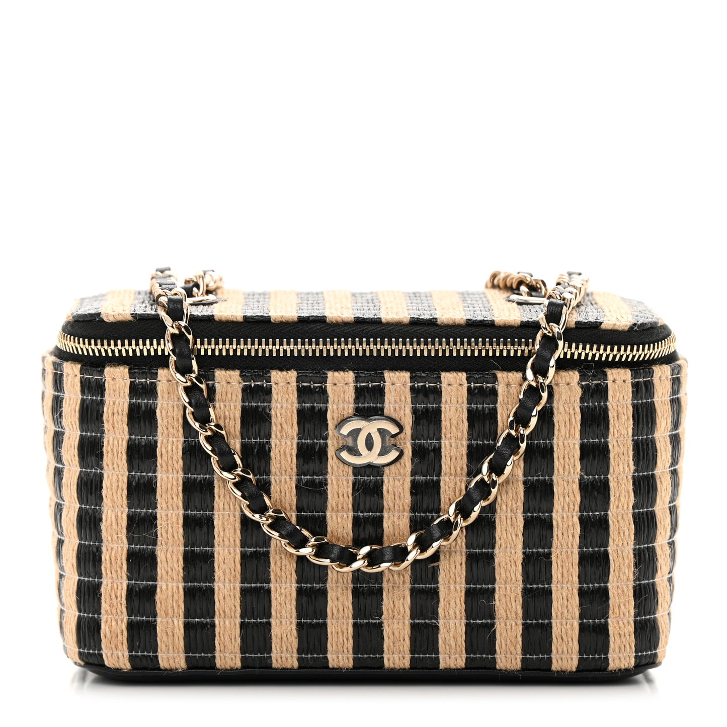 Raffia Jute Striped Small Vanity Case With Chain Black Beige