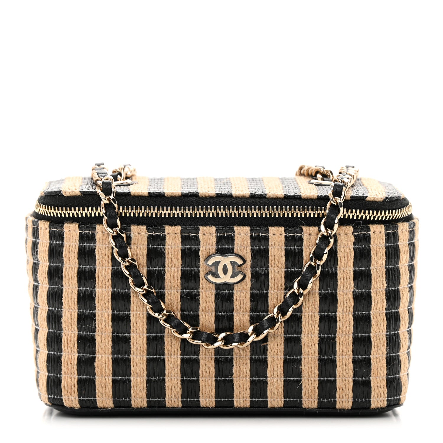 Chanel Raffia Jute Striped Small Vanity Case With Chain Black Beige 1 of 11